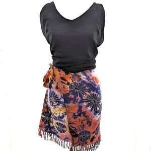 Vintage 90's Natural Tie Dye Orange Multi Color Fringe Wrap Mini Skirt Size M/L